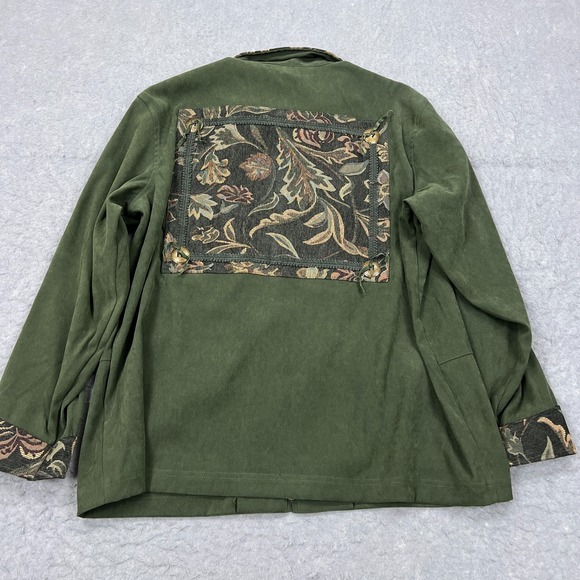 Susan Graver Style Jacket Women's XL Green Suede Flap Pocket Floral Tapistry - Picture 9 of 12